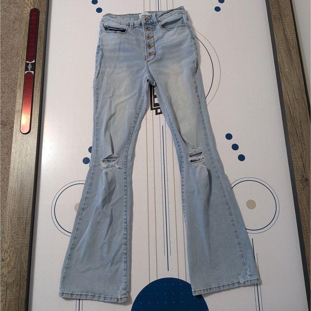 True Craft Size 5R High Rise Flare Jeans Distressed Button Fly Light Wash